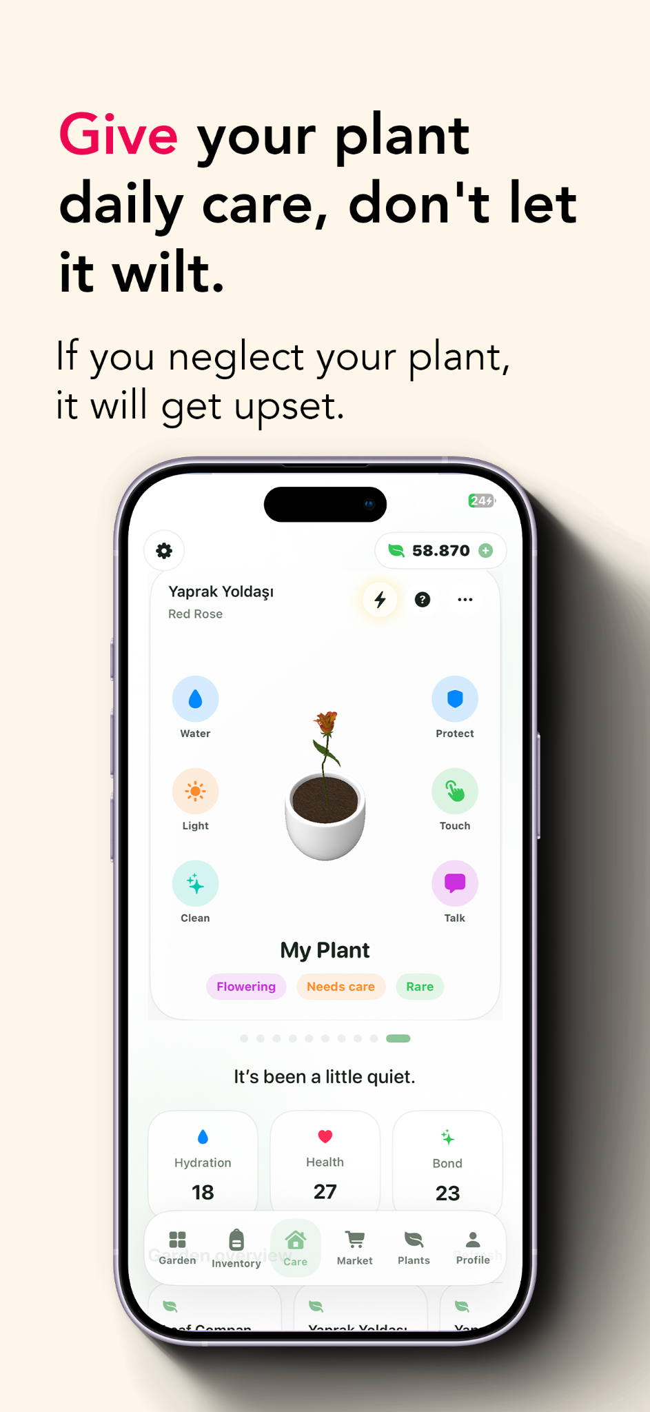 Morrow app preview showing a 3D flower pot and plant care actions
